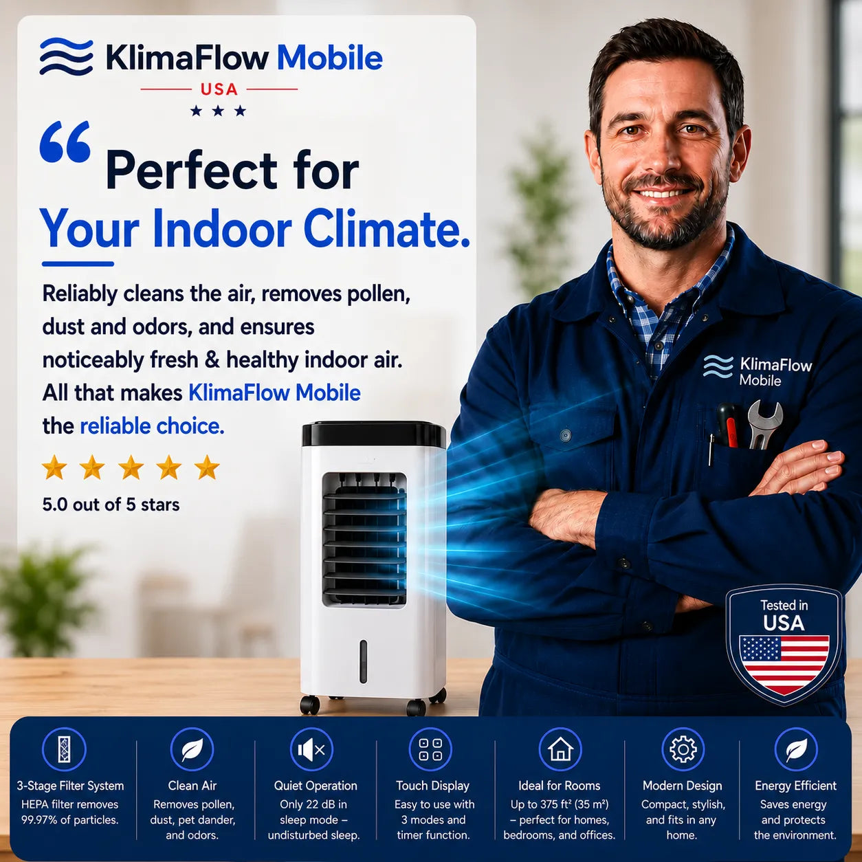 KlimaFlow Mobile – Portable Air Cooler – No Installation Required | Cools Rooms Up to 50 m²
